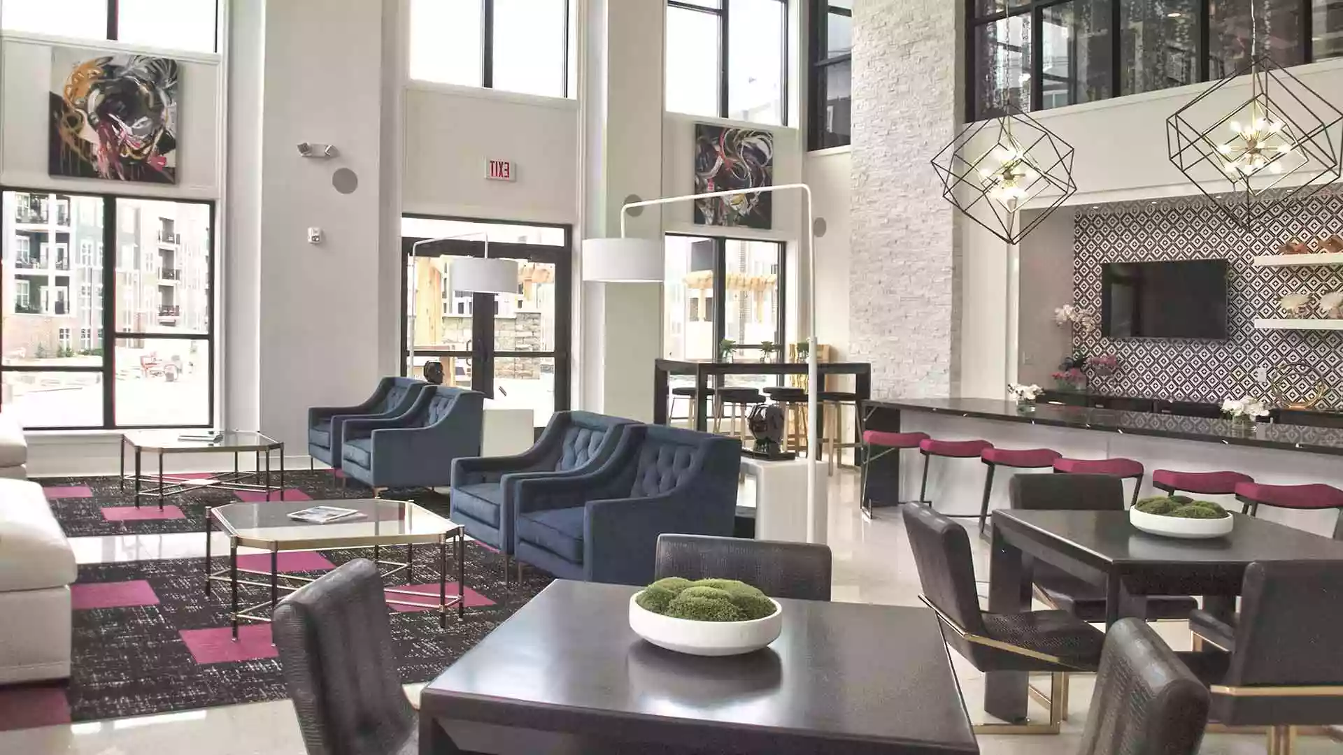 Decorated and furnished community clubhouse space at Allure.