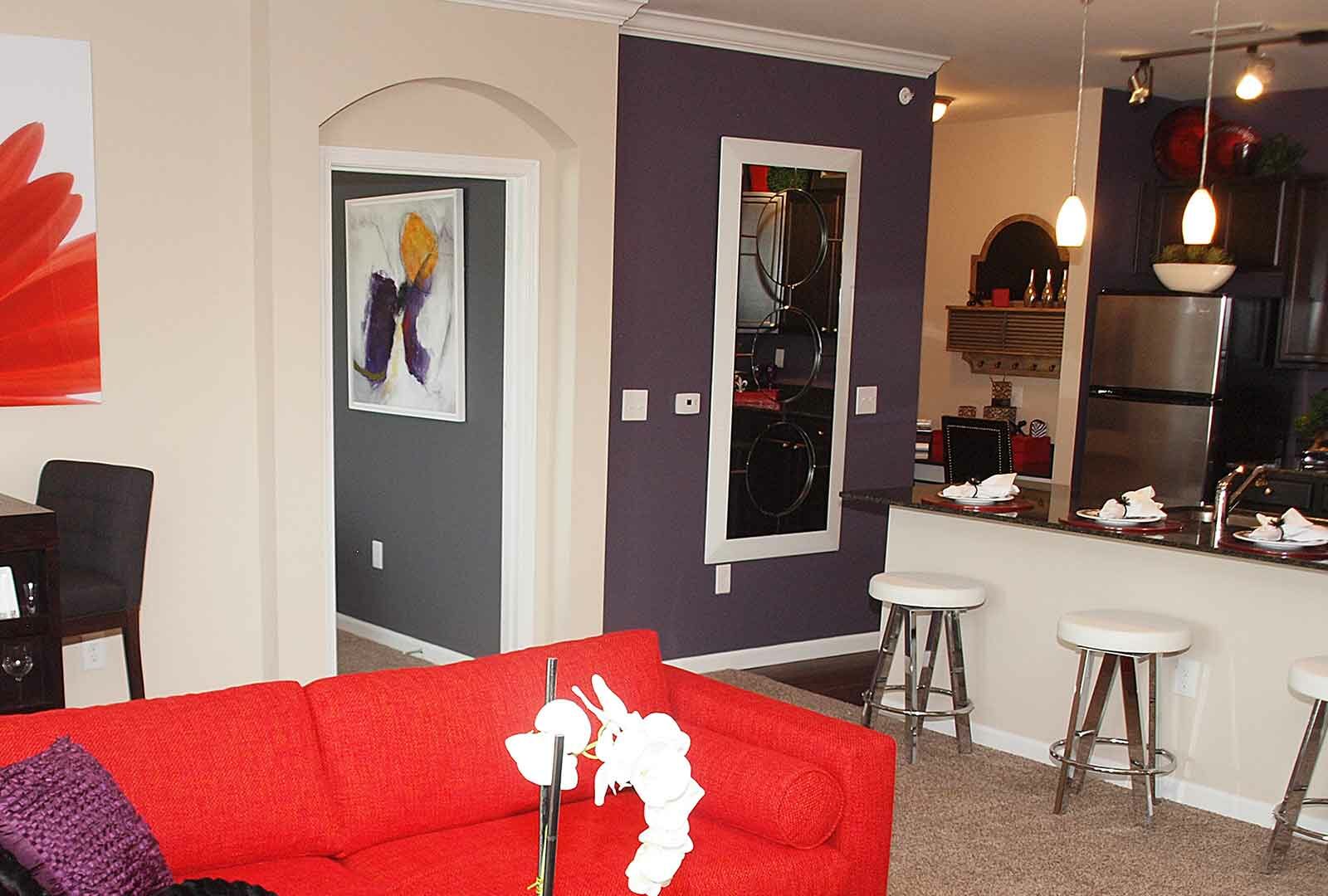 Decorated open concept kitchen and dining area at Meridian on Shelbyville.
