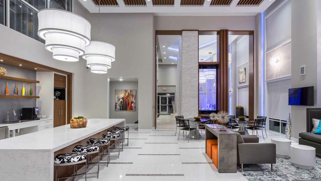 Luxurious clubhouse with geometric decor.