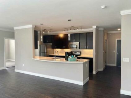 Apartment floor plan with wood grain floors and an open concept layout.