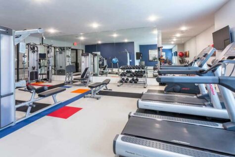 Large community fitness center with exercise machines and free weights.