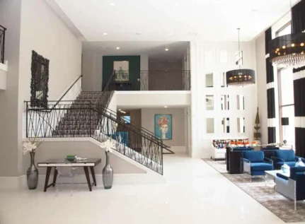 Large, modernly decorated lobby.