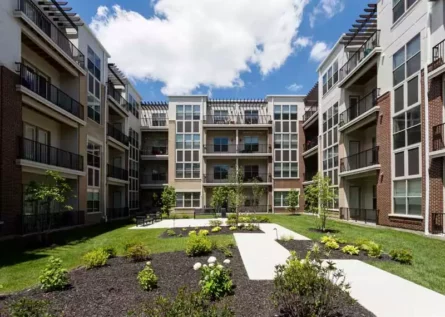Interior, landscaped patio area at 49Hundred.