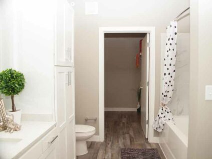 Spacious bathroom with combination tub and shower and large closet at Allure.