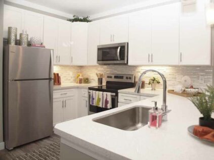 Spacious modern kitchen with stainless steel appliances at Allure.