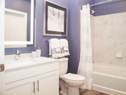 Bathroom with white cabinetry and shower tub.