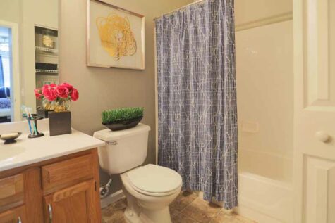 Apartment bathroom with ample counter space and ceramic tile tub at Emerald Lakes.