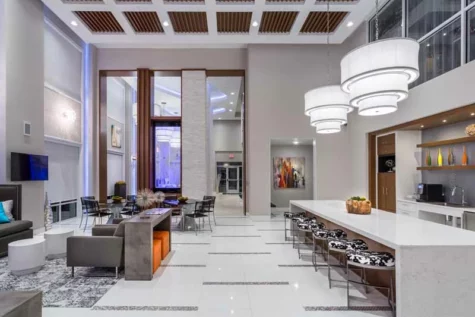 Luxurious clubhouse with geometric decor.