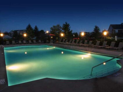 Pool lit at night.