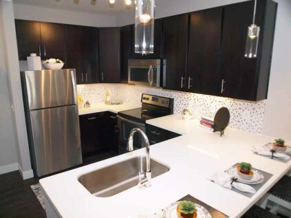 Apartment kitchen with java-stained solid wood cabinets and Whirlpool appliances.