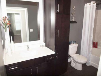 Bathroom with wood grain flooring, cabinet storage, and a combination shower and tub.