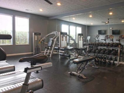 Gym equipment and free weights in a fitness center.