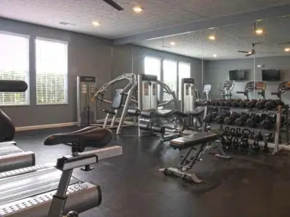 Gym equipment and free weights in a fitness center.