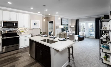 Rialto on Hurstbourne floor plan apartments, kitchenette living space and patio door
