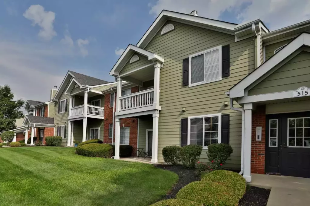 The exterior of the Reserve at Miller Farm's apartment homes as seen from the street.