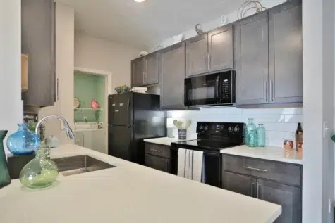 Kitchen with black appliances and dark cabinets