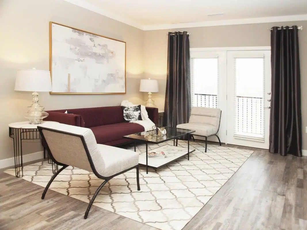 Element Oakwood Living Room, Living space with chairs, coffee table and couch