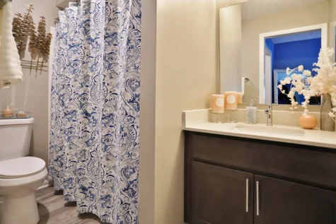 Nicely decorated Fox Chase North bathroom. sink and toilet and covered shower