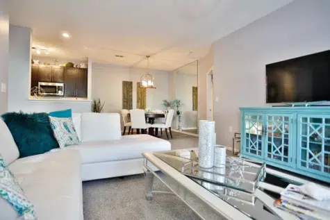 Model 1 floor plan at Shadow Ridge. Living space, tv and kitchen and dining area