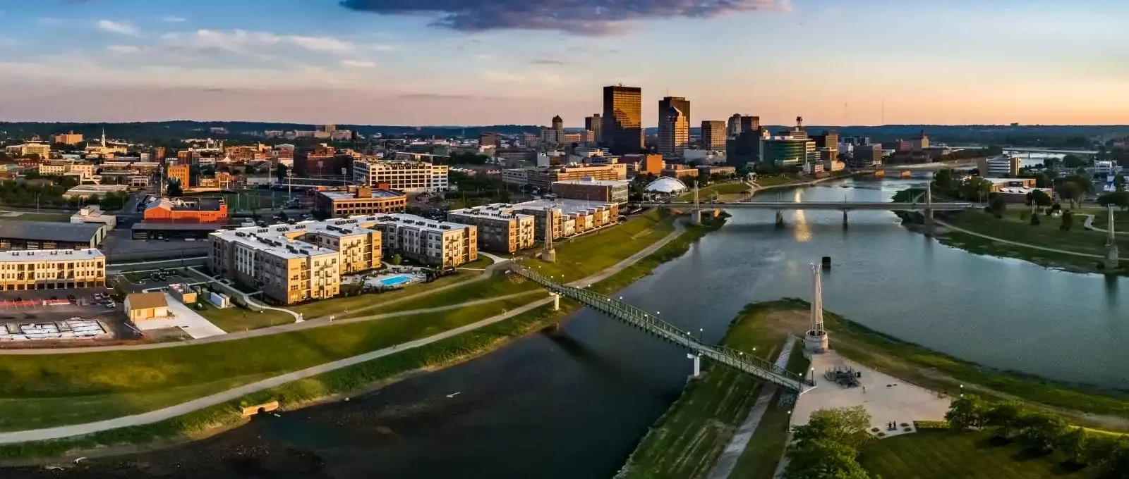 Looking over Deeds Park at the fountains toward downtown Dayton, OH.