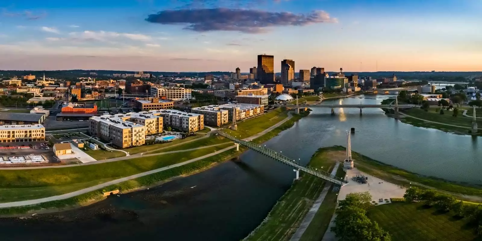 Looking over Deeds Park at the fountains toward downtown Dayton, OH.