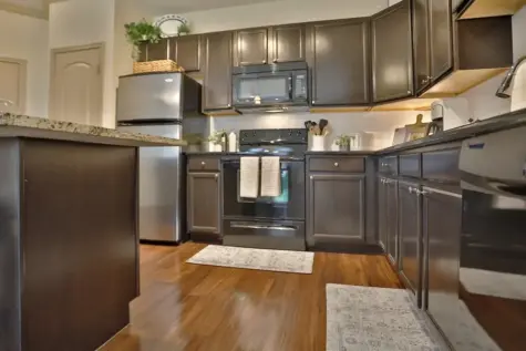 Modern kitchen area, dark wood, stainless steel appliances Palmera