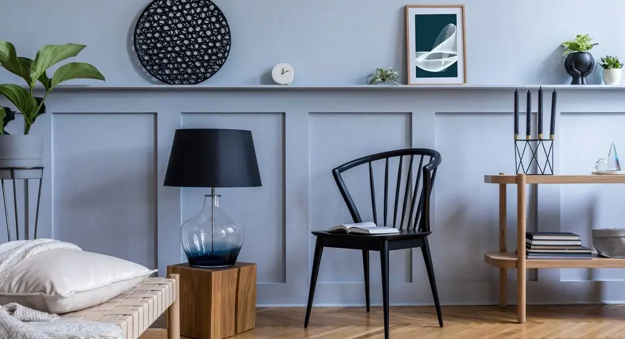 Stylish living room interior with designer furniture and elegant accessories in modern home décor.