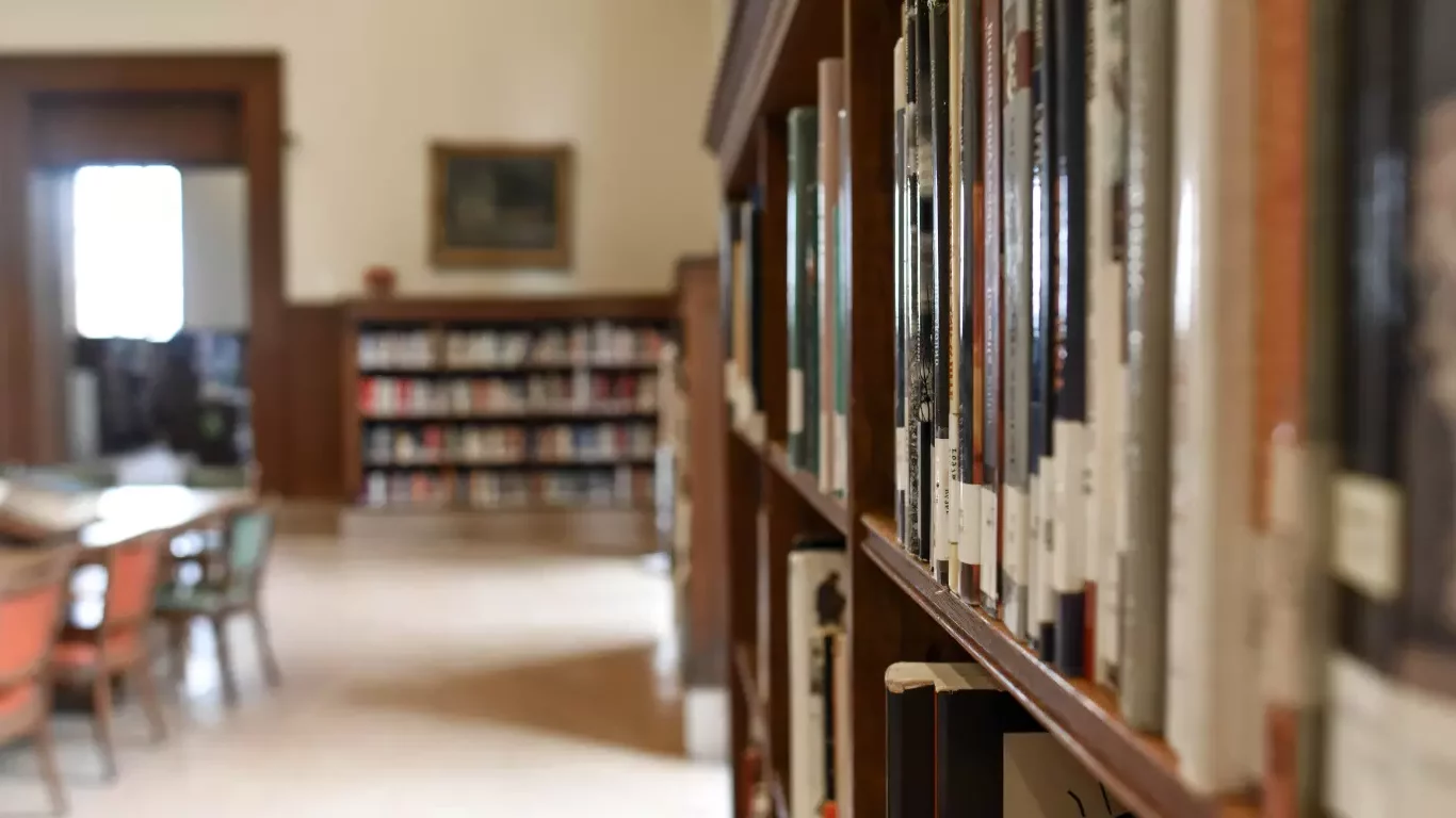 Library area with books and table