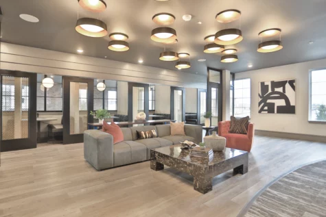 Lounge area at Graphite Oakley in Cincinnati, OH. Retro, modern decor.