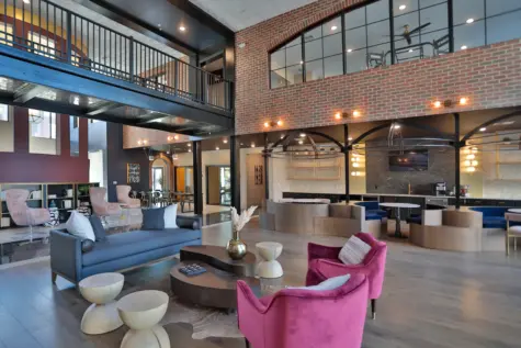 Clocktower in West Chester, OH. Modern seating areas. Window view of the fitness area