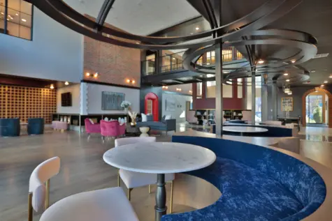 Up close of rounded seated area at Clocktower West Chester Apartments