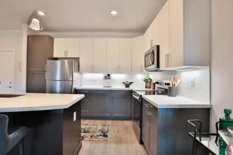 Clocktower West Chester Apartments kitchen 4 floor plan, white countertops, stainless steel appliances