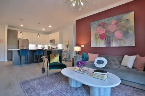 Clocktower West Chester Apartments model 3 floor plan option. spacious living area and upscale kitchen.