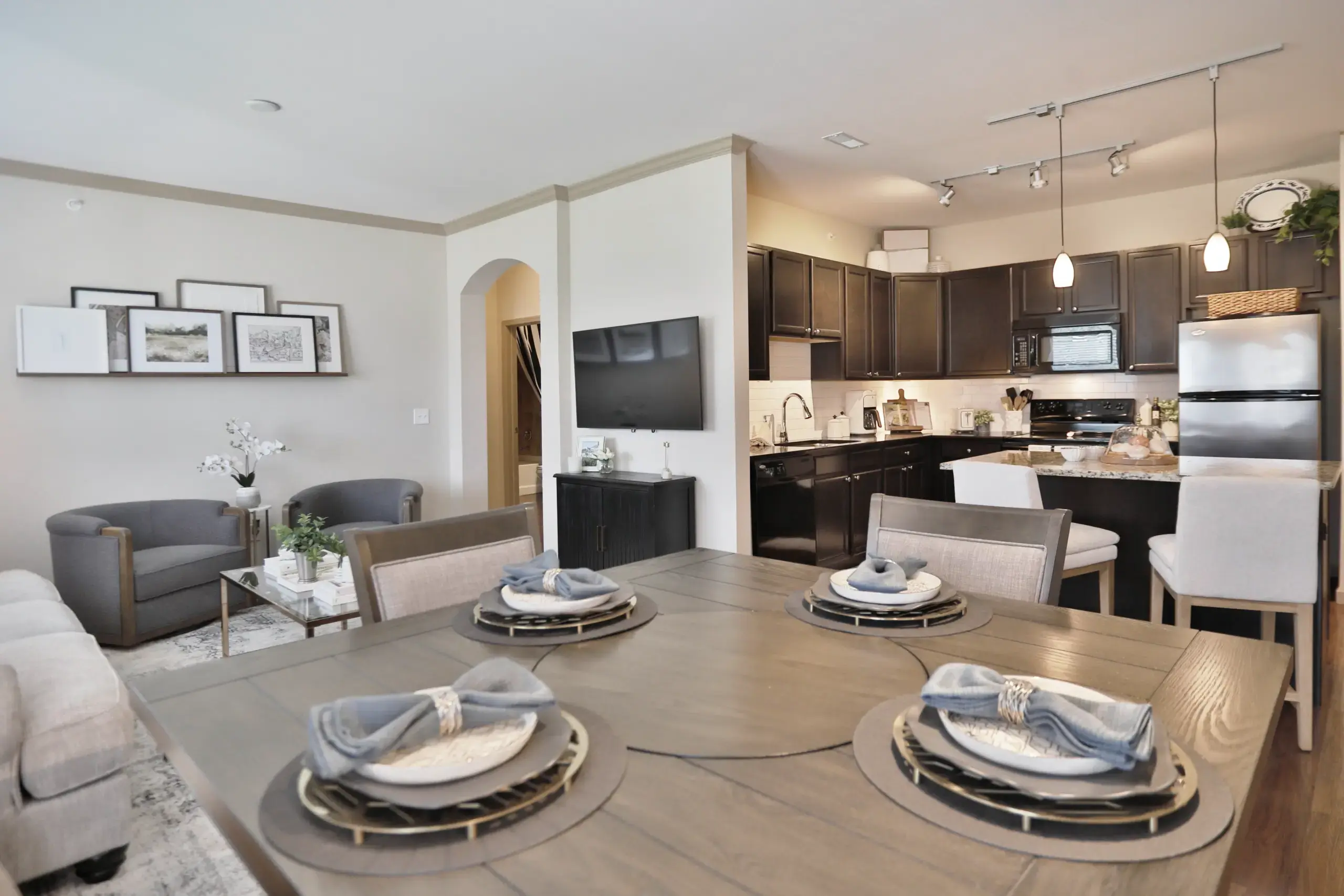 Palmera Model 1 floor plan. Dining space, living space, kitchen and bedroom off to the side.