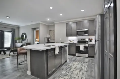 kitchen area at Altair Apartments in Florence, KY. Living space near by. Wooden, plank floors, stove and microwave. Quartz countertops.
