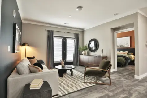 Living space and view of master bedroom at Altair Apartments in Florence, KY