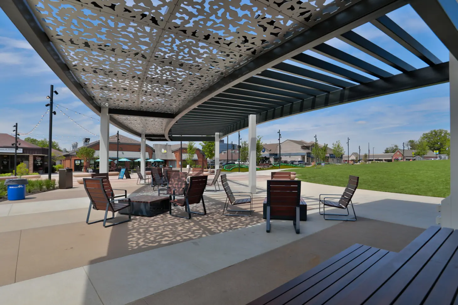 View of the newly developed Blue Ash Bicentennial Veterans Memorial Park near 49Hundred Apartments, showcasing the park’s landscaped grounds and a backdrop of the apartment exterior in a vibrant community setting.