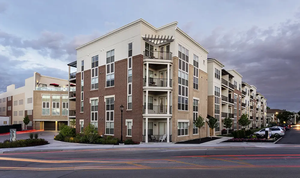 Exterior of 49Hundred Apartments located off Hunt Road in the heart of Blue Ash, Ohio, showcasing modern architecture, well-maintained landscaping, and a central location near local shops and dining.