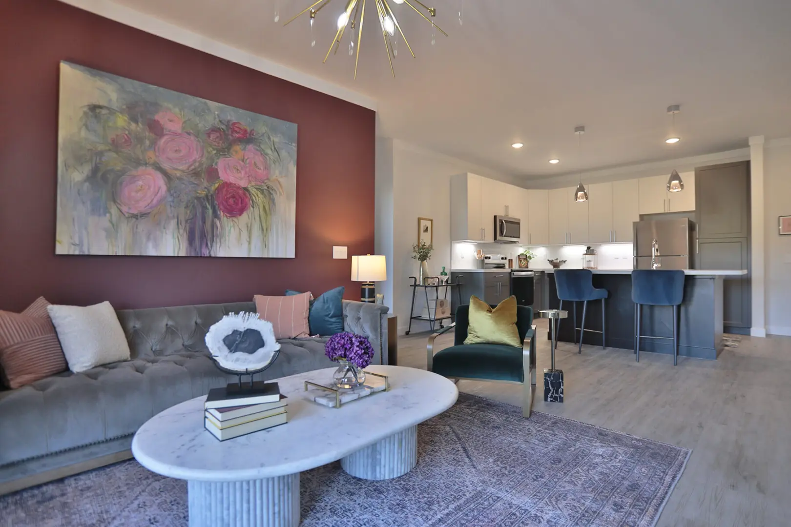 Clocktower West Chester full model view of living room, dining room and kitchen.