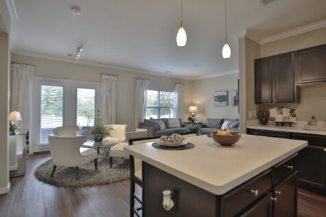 Open-concept model apartment at Kendal on Taylorsville showcasing the living room, dining area, and modern kitchen with sleek cabinetry and stainless steel appliances.