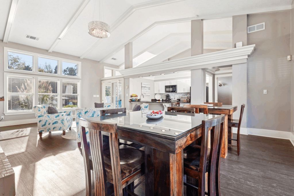 Social lounge with kitchen amenities at Fox Chase South near Cincinnati.