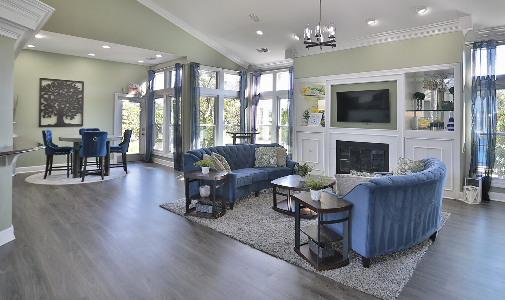 Waterford Place residential clubhouse with kitchen and seating.