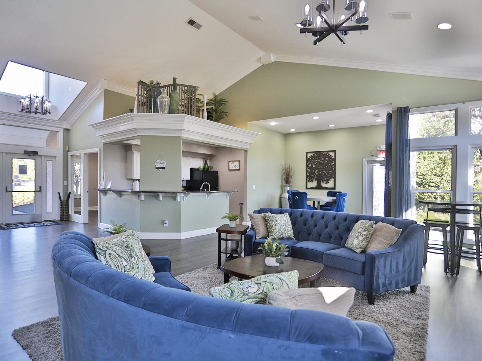 Waterford Place residential clubhouse with kitchen and seating.