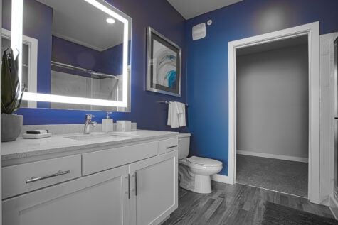 Modern bathroom at Allure in Centerville, Ohio by Hills Properties featuring a quartz vanity, illuminated mirror, wood-look flooring, contemporary fixtures, and bold accent walls.
