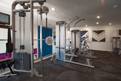Modern fitness center at Allure Apartments with strength training equipment, cable machines, and contemporary artwork accents.