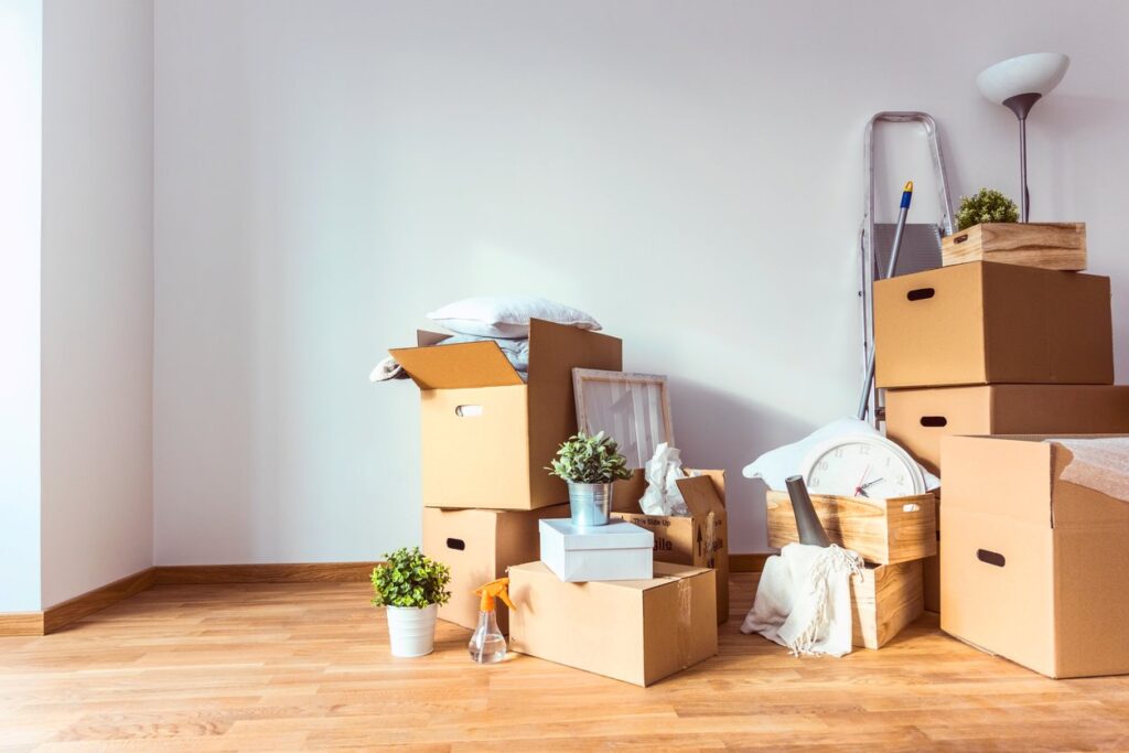 A pile of boxes, plants, and other belongings in a new apartment home.