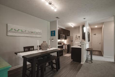 Open-concept apartment interior at Sterling Lakes in Mason, Ohio, featuring a dining area with a dark wood table and bench seating, a modern kitchen with espresso cabinets and stainless steel appliances, a breakfast bar with seating, and a bright entryway with neutral finishes.