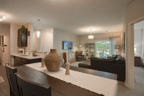 Spacious apartment interior at Sterling Lakes by HILLS Properties showcasing a dining area, contemporary kitchen, comfortable living room, private patio access, and an open floor plan with abundant natural light.
