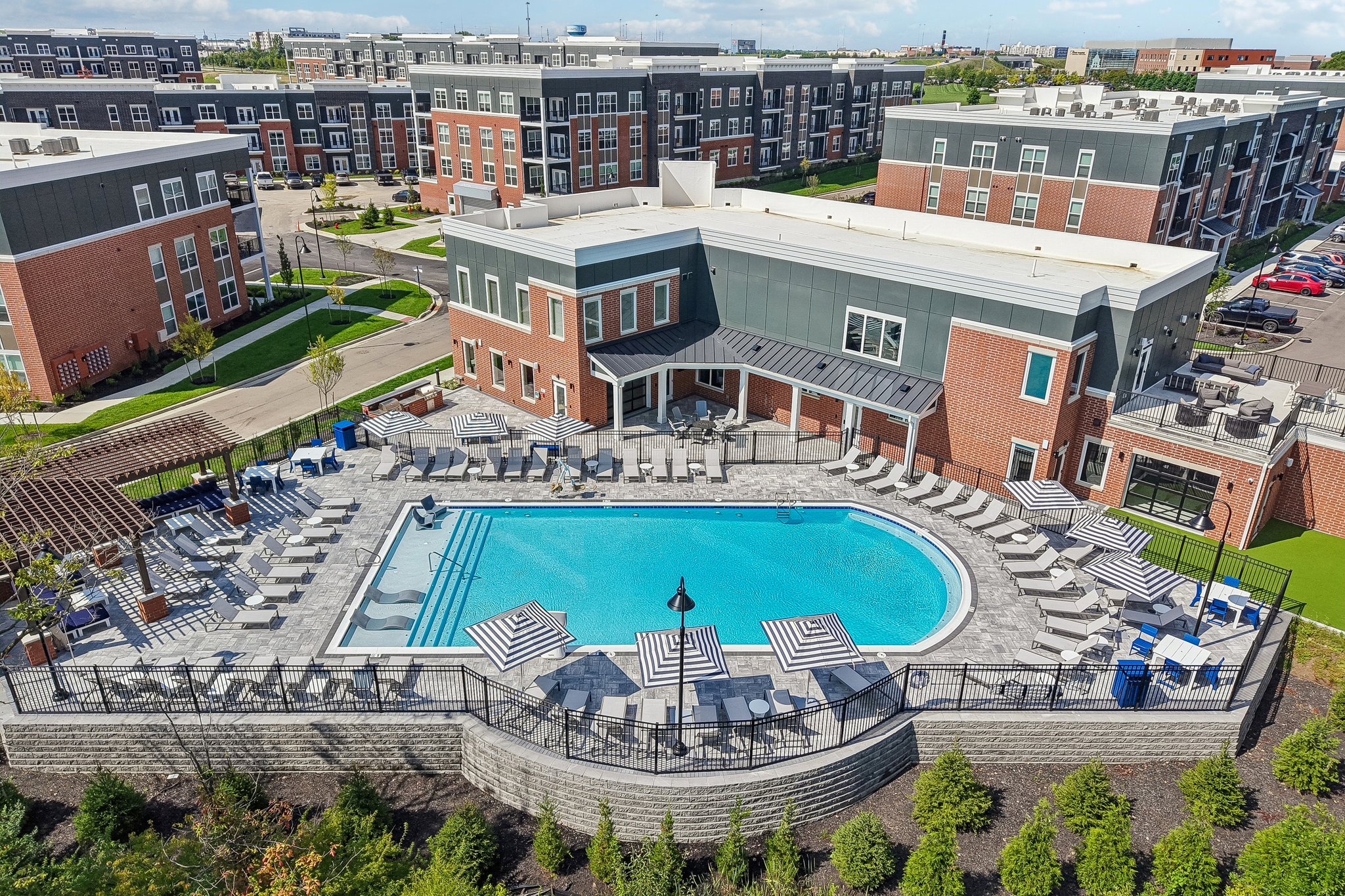 Relay 129 in Liberty Township, Ohio drone shot of pool and clubhouse