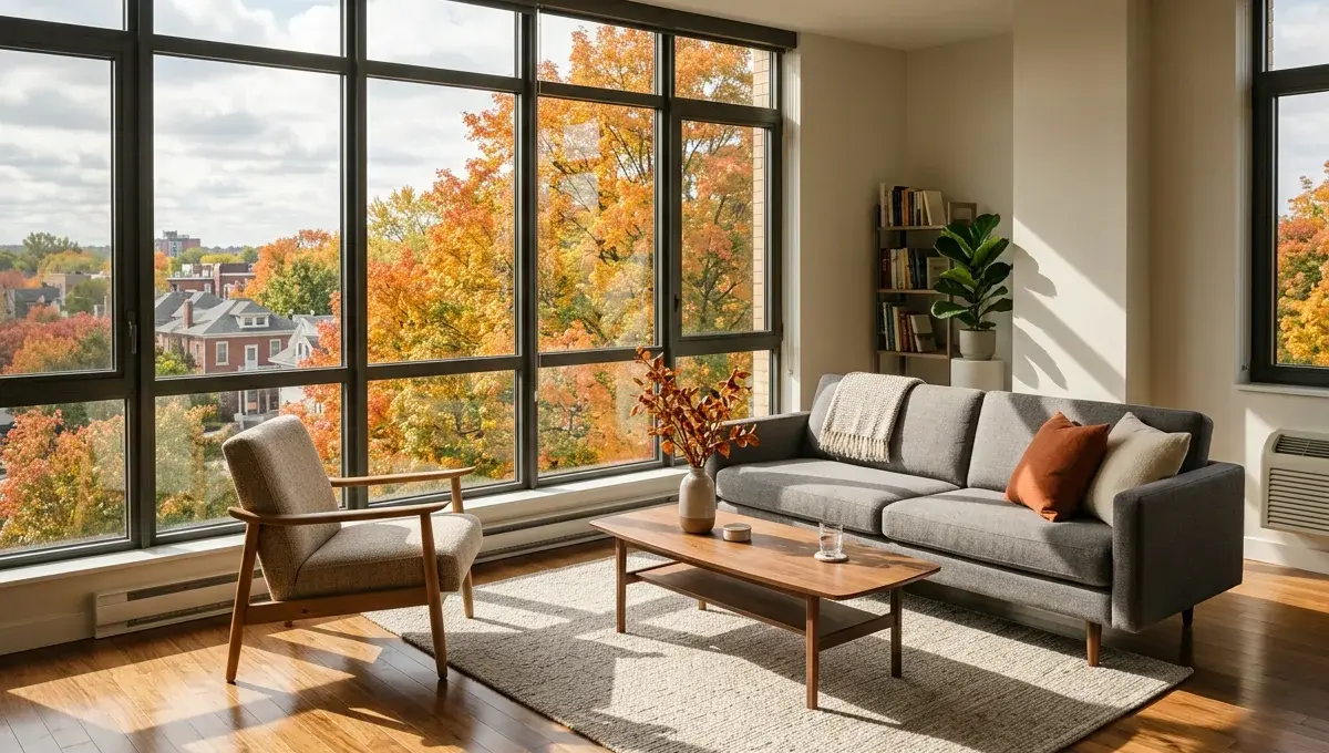 Sunlit Dayton apartment living room with floor-to-ceiling windows overlooking colorful fall trees and historic brick homes